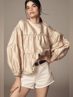Mille Mae Almond Taffeta Tiered Ruffle Balloon Sleeve Blouse XS NWT
